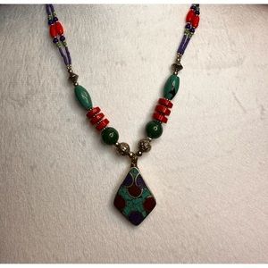New Turquoise, Lapis, Coral Pendant Beaded Necklace 11”